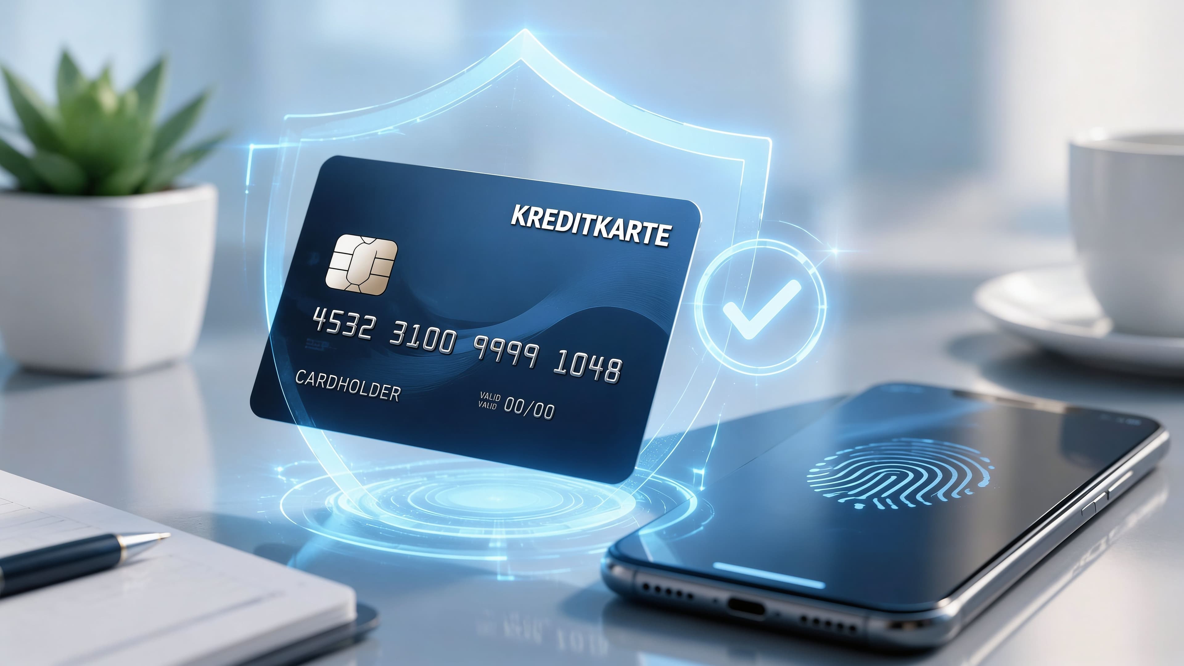 Smartphone mit Freigabeanfrage einer Banking-App neben einer Kreditkarte