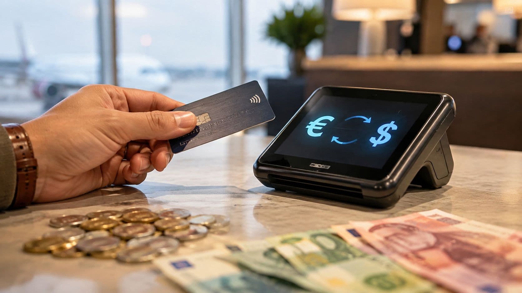 Kartenterminal mit der Auswahl zwischen Euro und Landeswährung