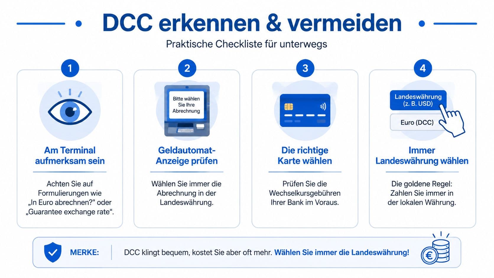 Infografik mit vier Schritten zur Vermeidung von DCC-Gebühren bei Kartenzahlungen im Ausland