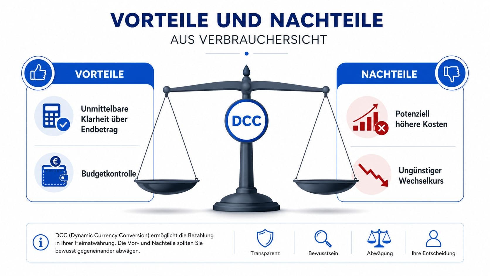 Infografik mit einer Waage, die Vor- und Nachteile der dynamischen Währungsumrechnung vergleicht