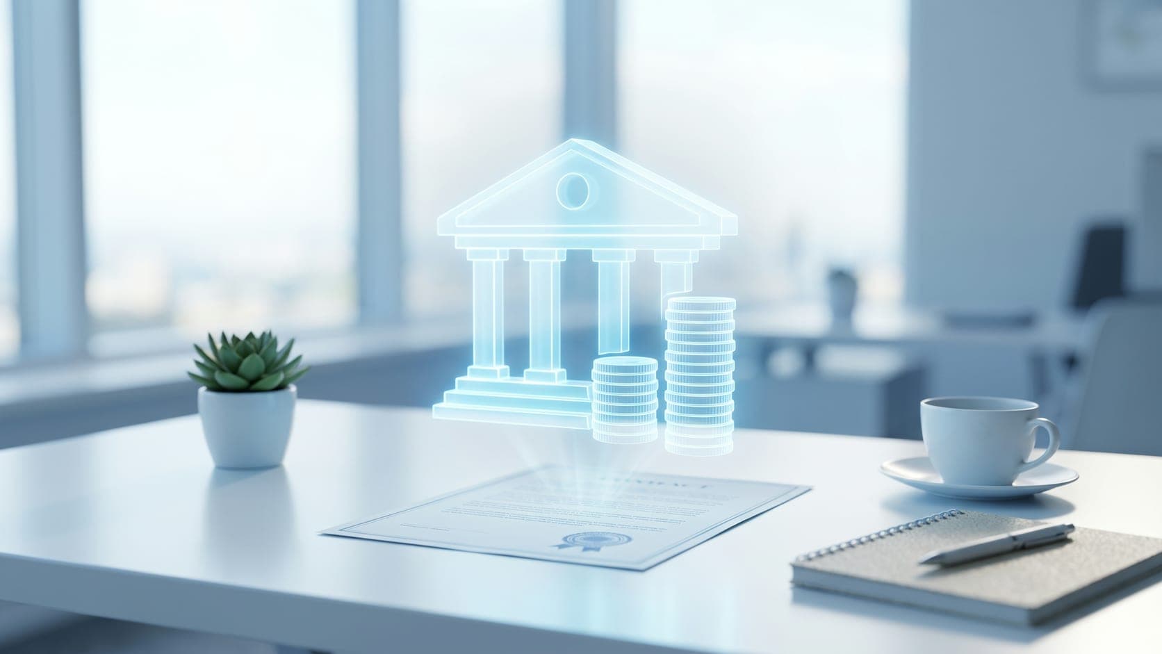 Bankgebäude mit Münzstapel und beurkundetem Dokument als Sinnbild für die Einzahlung des Stammkapitals
