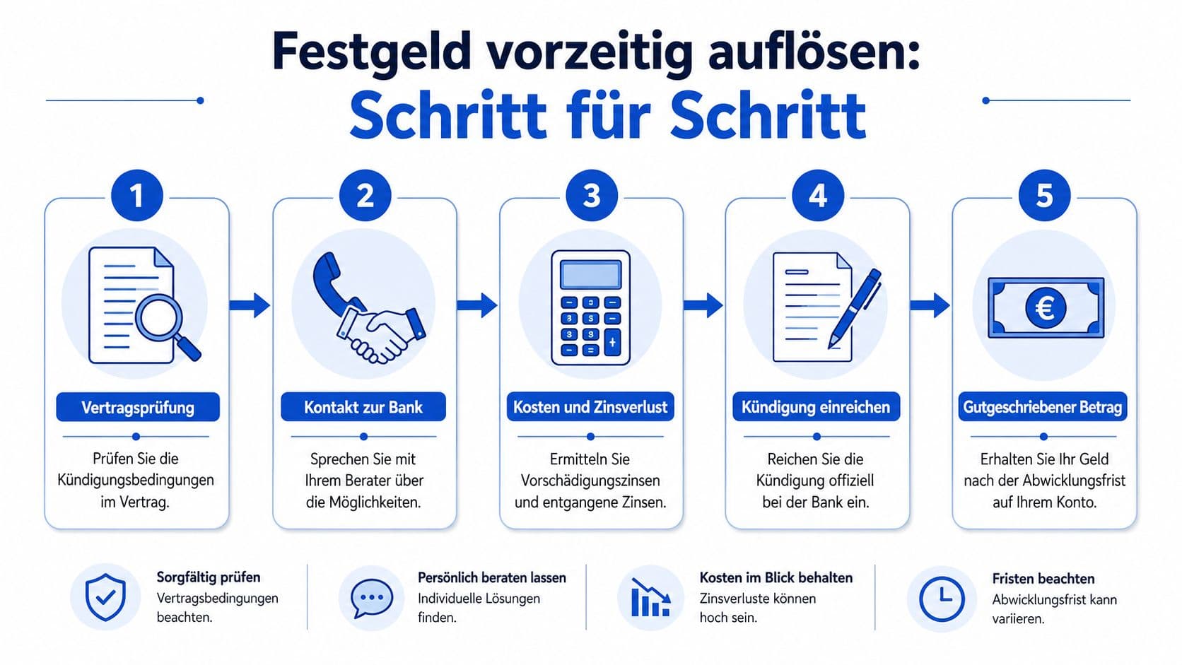 Infografik mit fünf Schritten zur vorzeitigen Auflösung eines Festgeldkontos