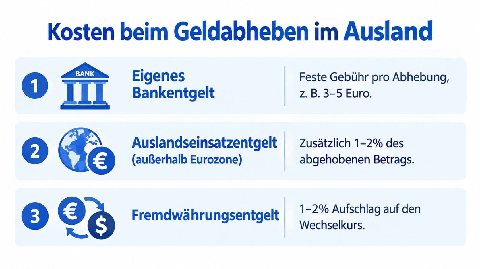 Infografik zu den drei Gebührenarten beim Geldabheben im Ausland