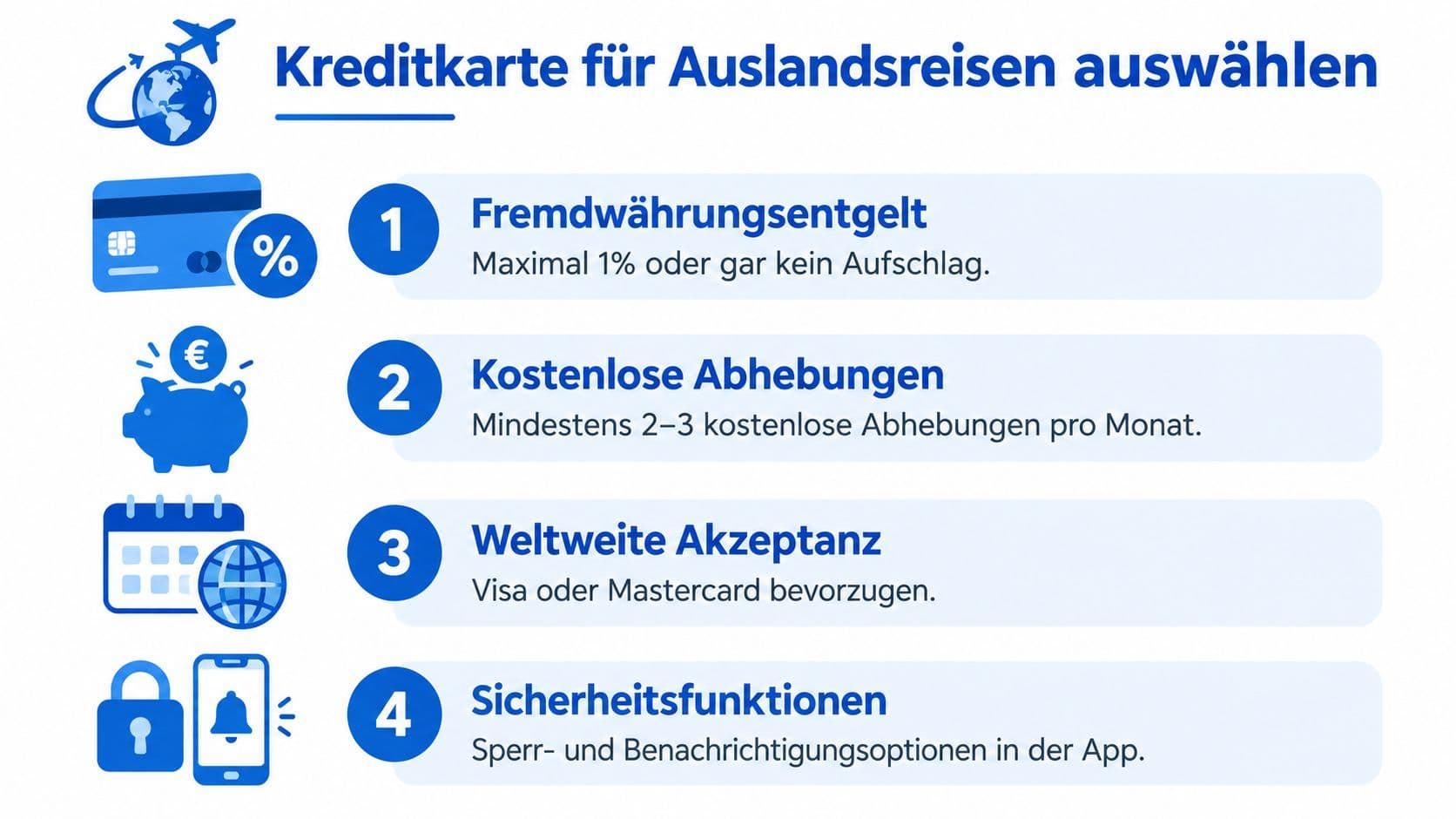 Infografik mit vier Hinweisen zur Auswahl einer Kreditkarte für Auslandsreisen