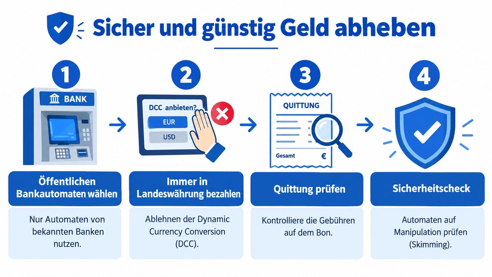 Infografik mit vier Schritten für eine sichere und günstige Bargeldabhebung im Ausland