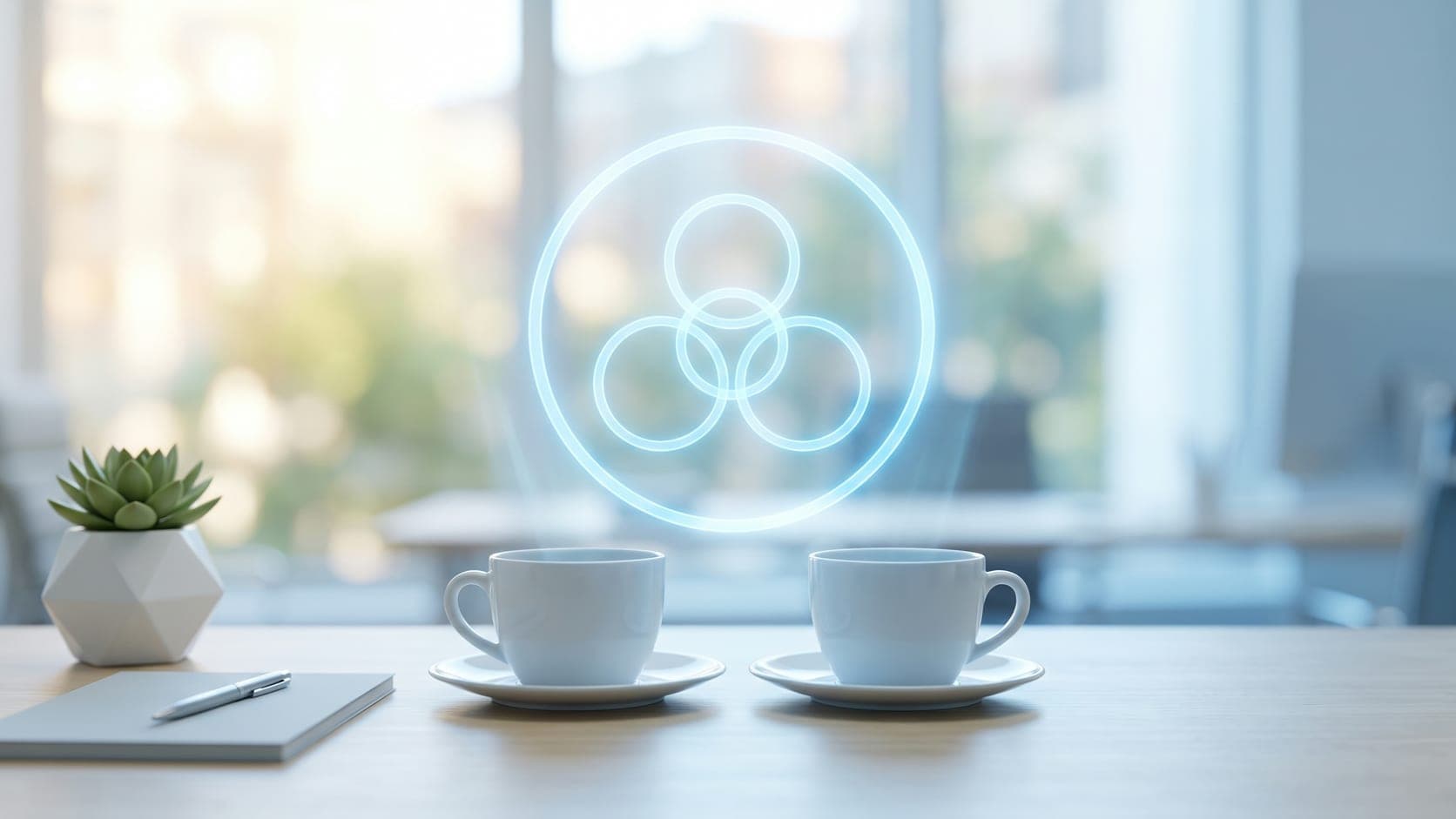 Zwei Kaffeetassen mit einem verbundenen Kreissymbol darüber als Sinnbild für gemeinsam organisierte Haushaltsfinanzen