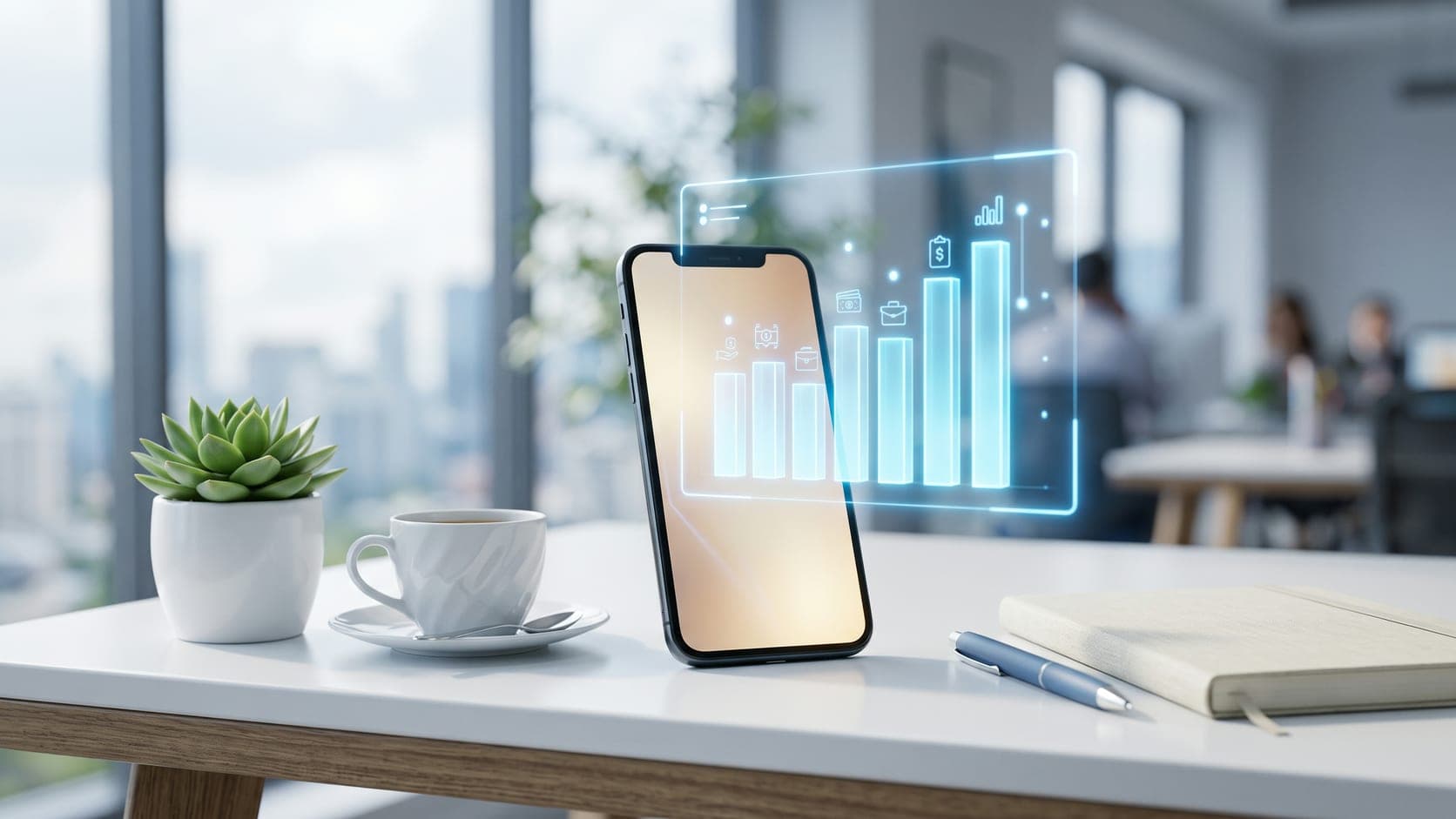 Smartphone mit aufsteigendem Balkendiagramm und Kategoriesymbolen als Sinnbild für eine Budget-App