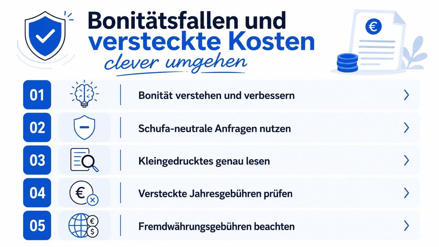 Infografik mit fünf Tipps zur Vermeidung von Bonitätsfallen und versteckten Kosten