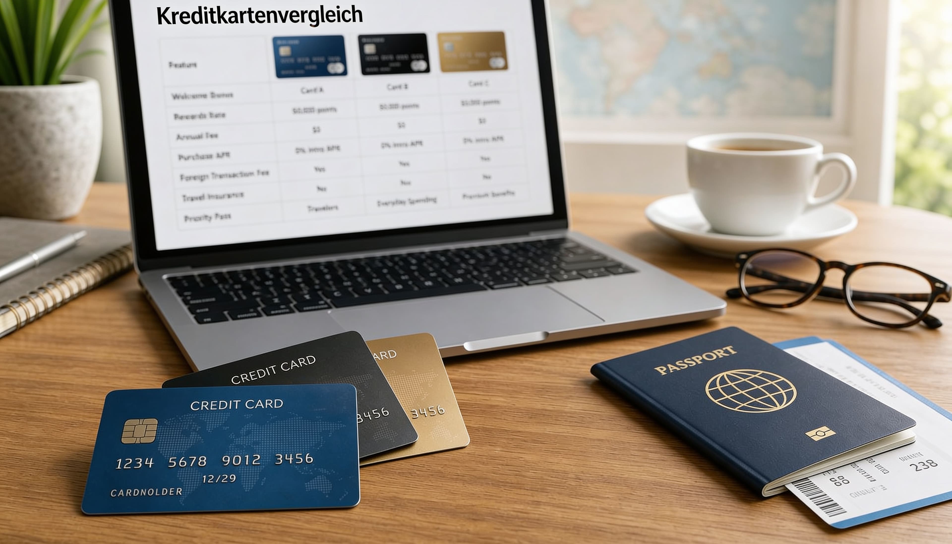 Kreditkarte neben einem Taschenrechner und Belegen