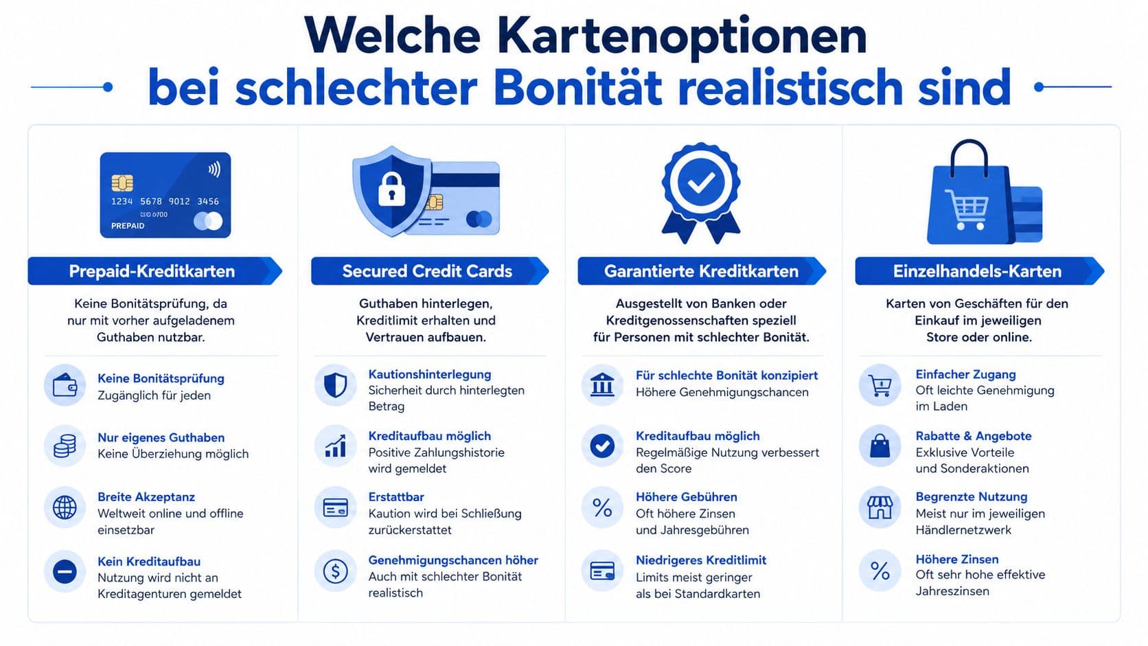 Infografik mit vier Kartenoptionen bei schwacher Bonität samt Vor- und Nachteilen