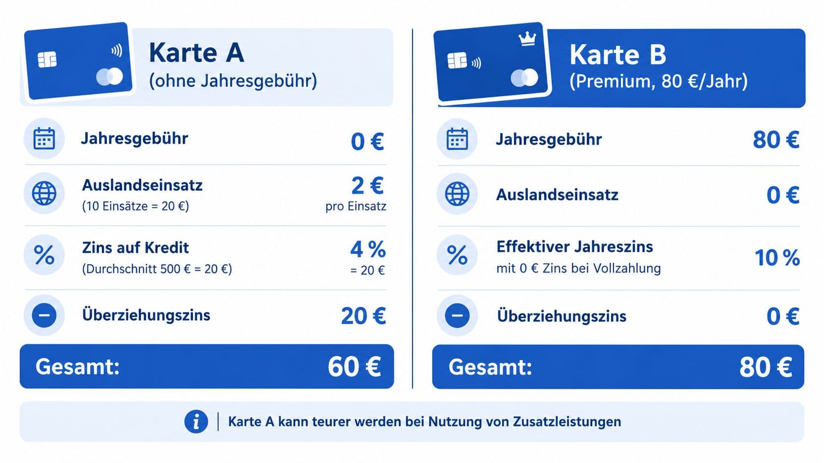 Grafischer Vergleich der Kosten zweier Kreditkarten aus Jahresgebühr und Nutzungskosten