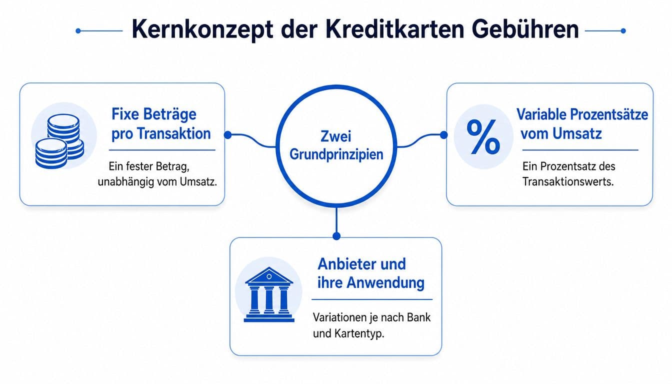 Infografik zu den Gebührenarten bei Kreditkartenzahlungen, unterteilt in feste Beträge und prozentuale Anteile