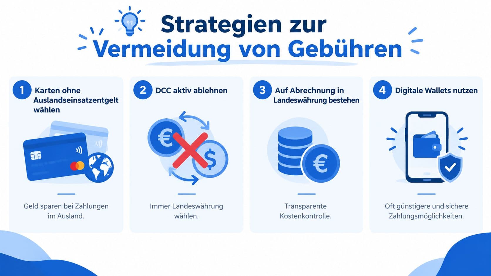Infografik mit vier Strategien zur Vermeidung zusätzlicher Gebühren bei Kartenzahlungen im Ausland