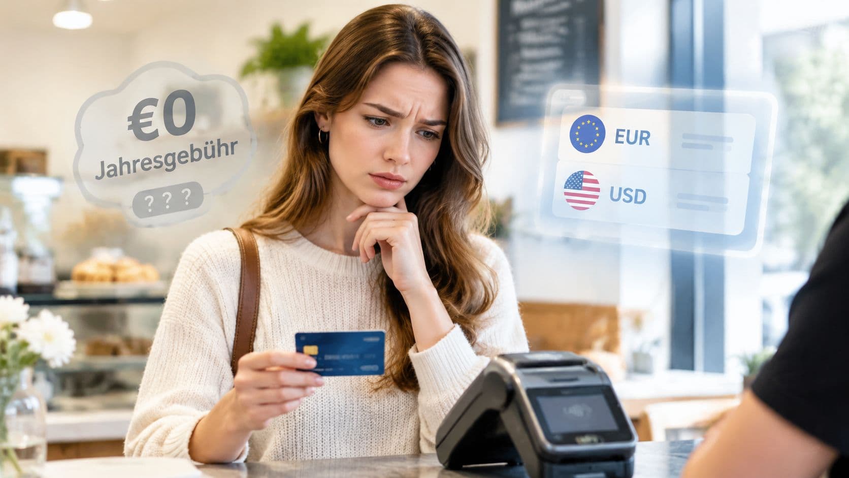 Person mit Kreditkarte am Terminal bei der Entscheidung zwischen Euro und US-Dollar