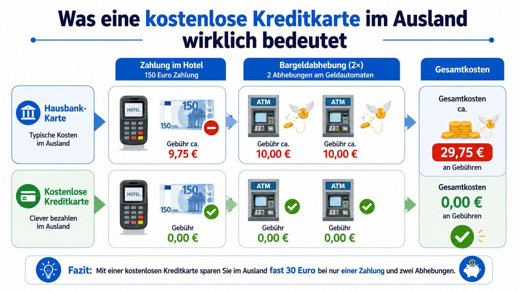 Gebührenvergleich zwischen einer Hausbank-Karte und einer kostenlosen Kreditkarte bei Auslandszahlungen