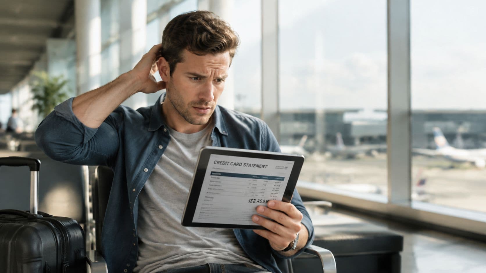 Person prüft am Flughafen die Kreditkartenabrechnung auf einem Tablet