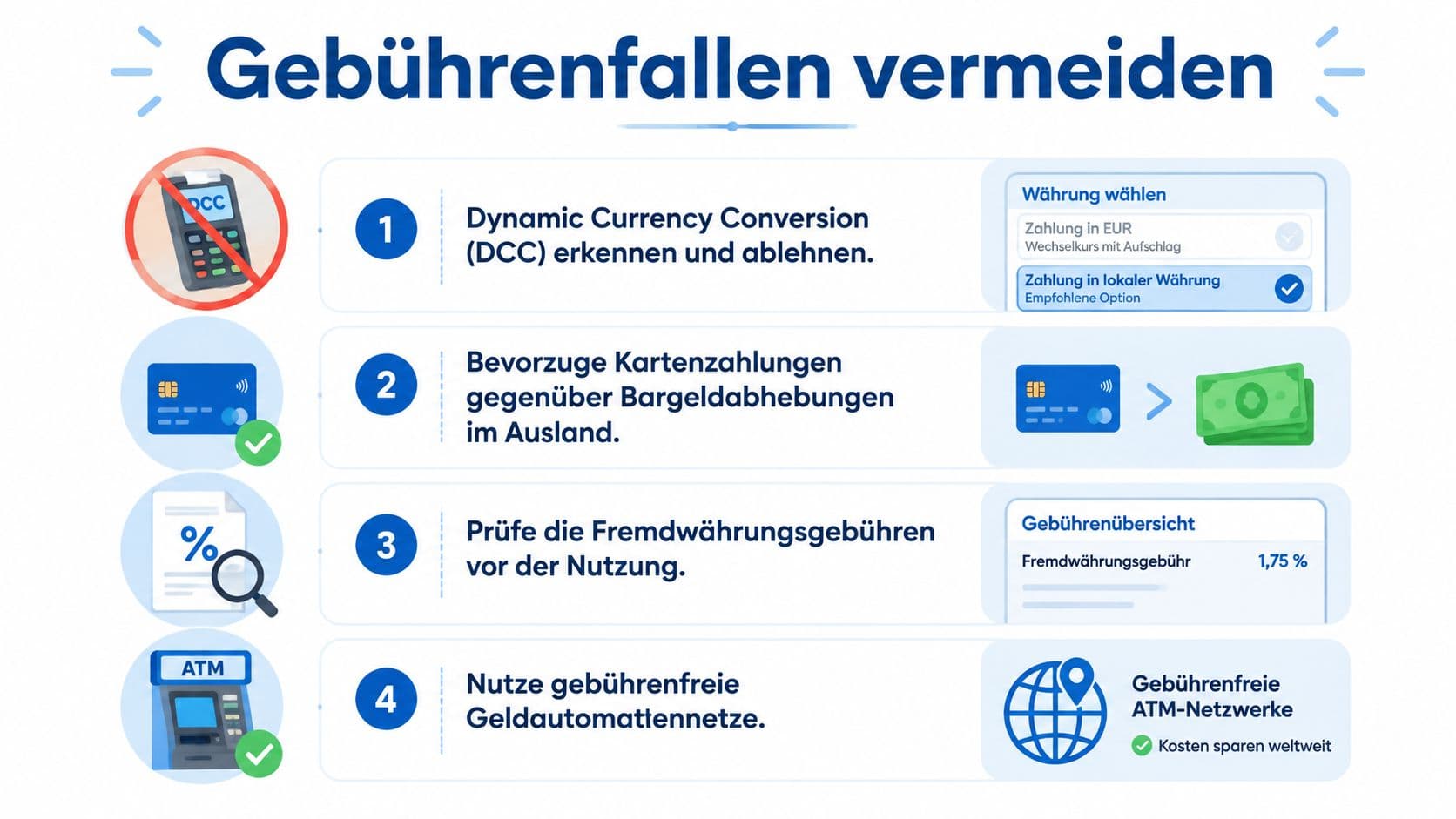 Infografik mit vier Tipps zur Vermeidung unnötiger Gebühren bei der Kartennutzung im Ausland