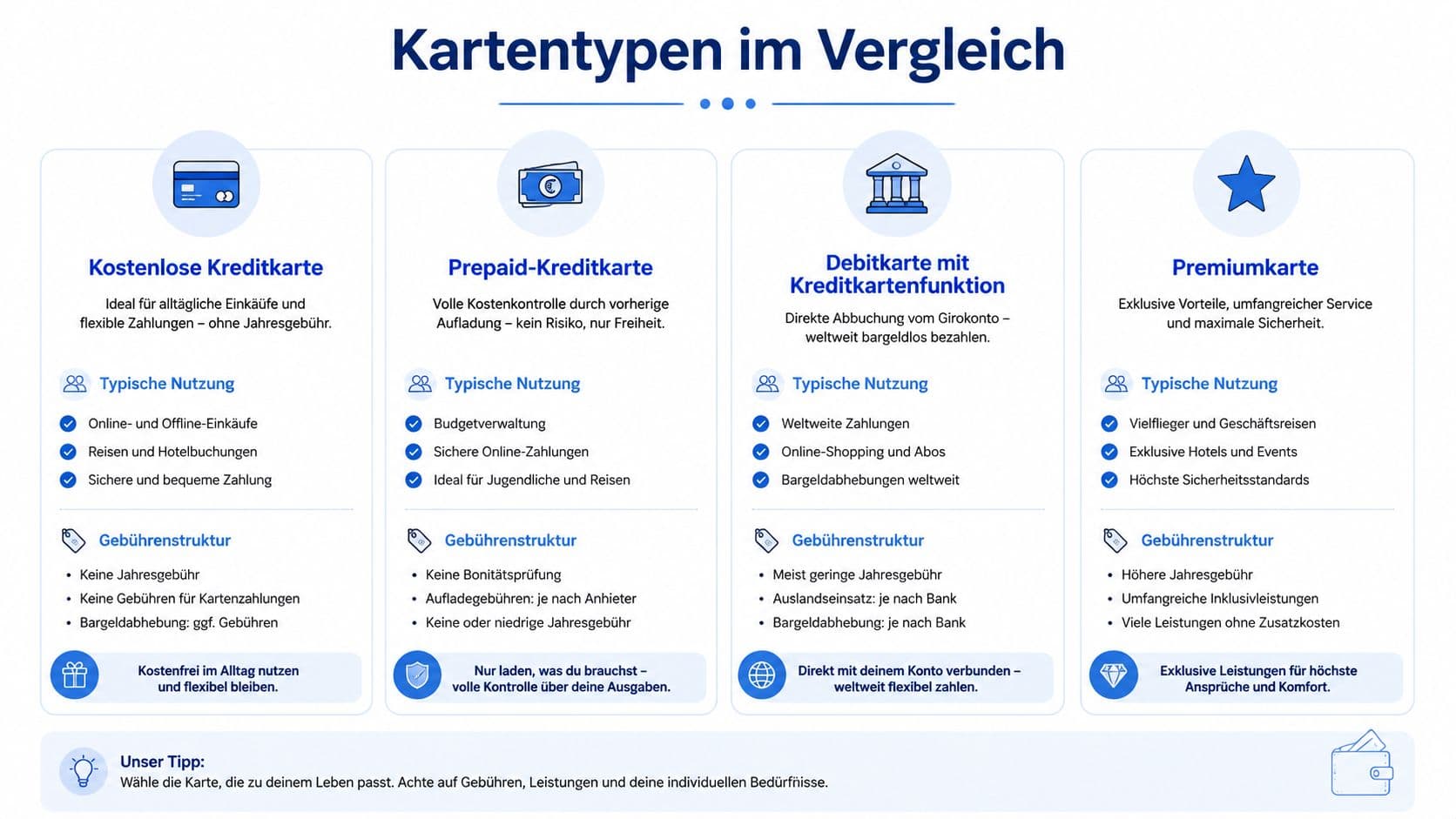 Übersicht von kostenlosen Kreditkarten, Prepaid-Karten, Debitkarten und Premiumkarten mit Vor- und Nachteilen