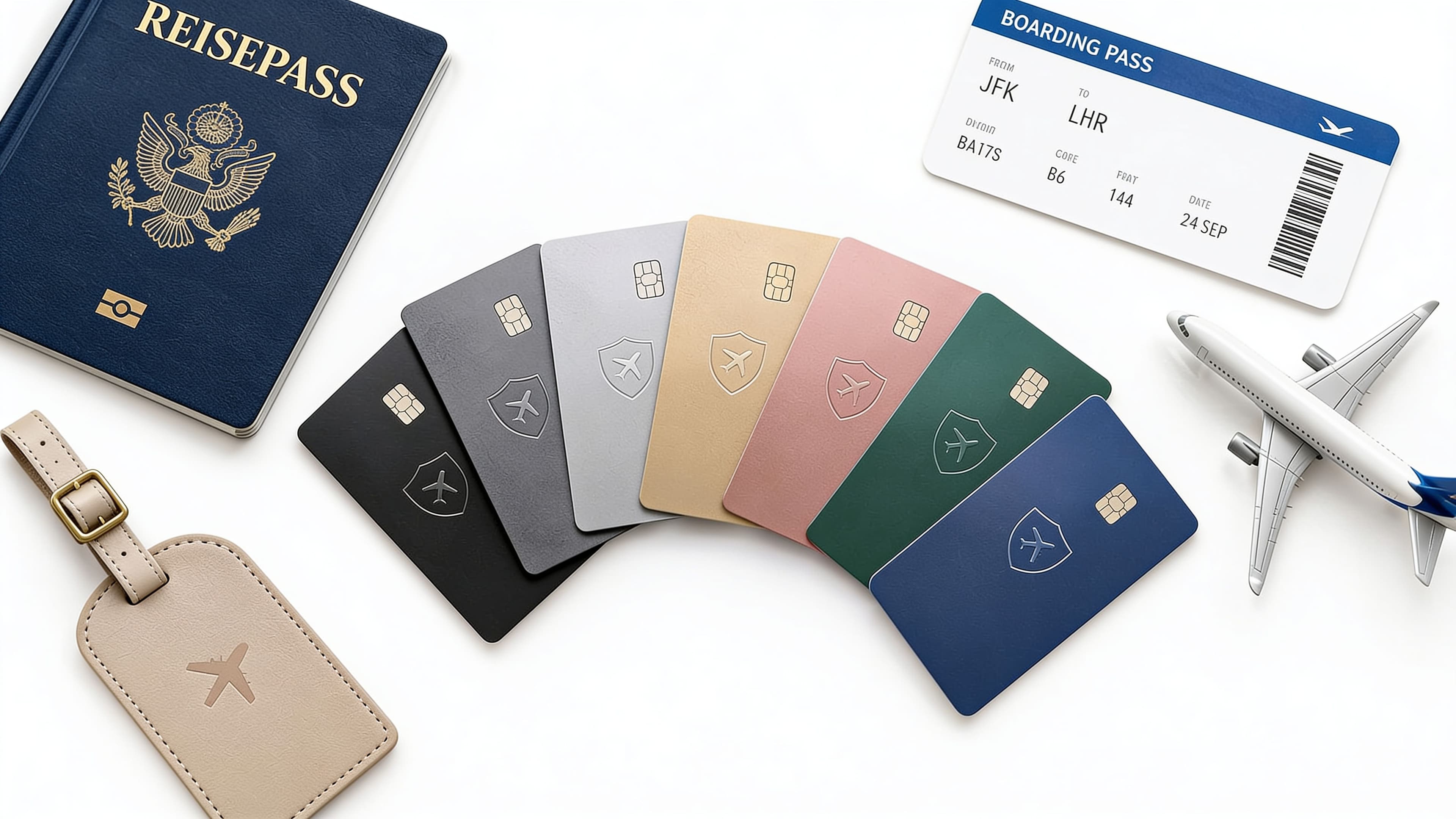 Goldene Kreditkarte neben Reisepass, Flugticket und Koffer