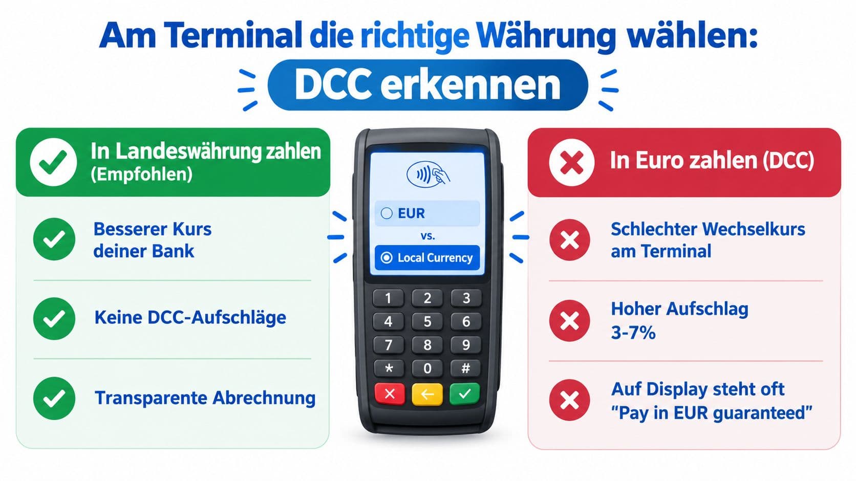 Infografik erklärt, warum im Ausland die Landeswährung statt Euro gewählt werden sollte