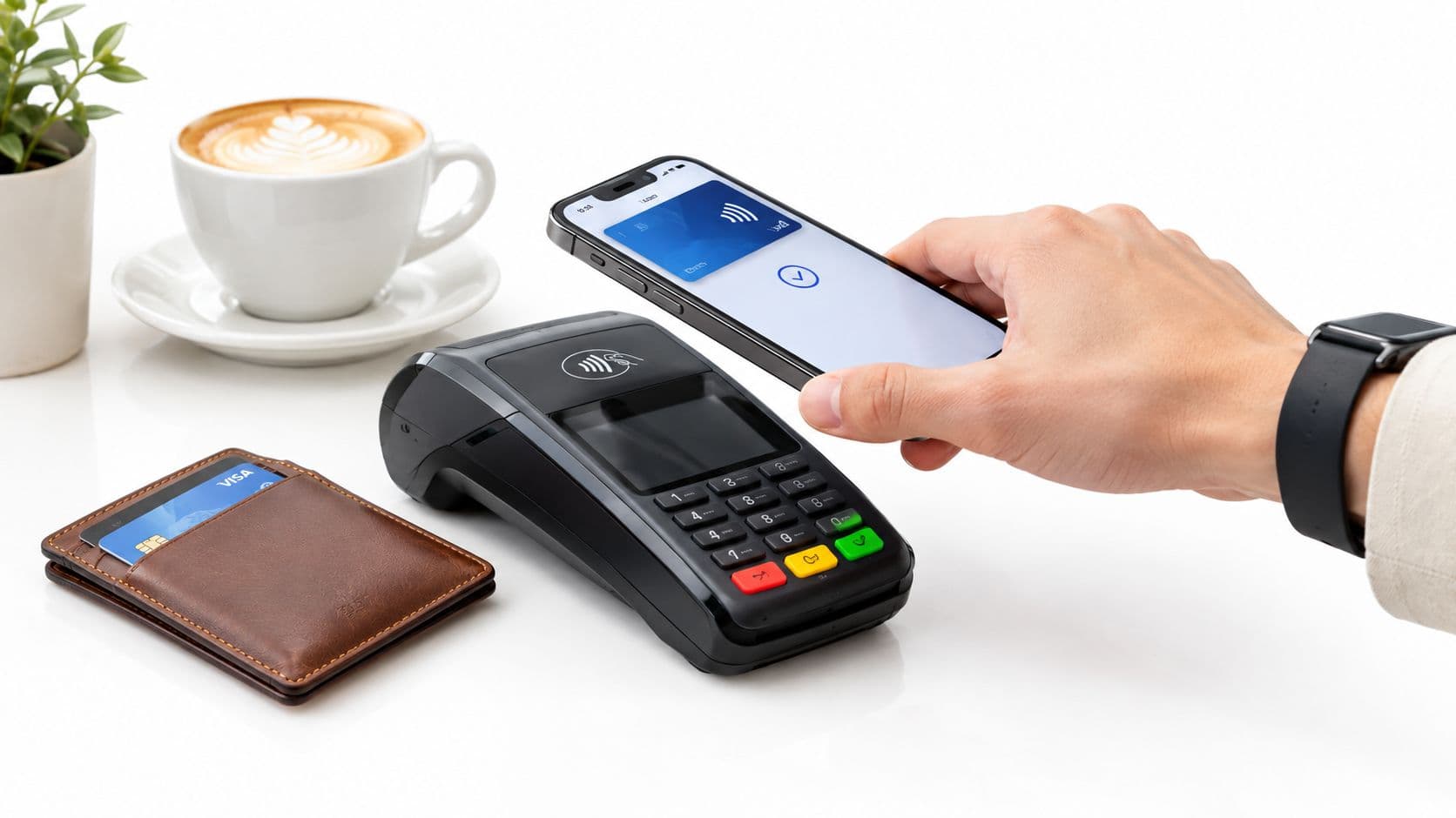 Kontaktlose Zahlung mit dem Smartphone an einem Kartenlesegerät im Café