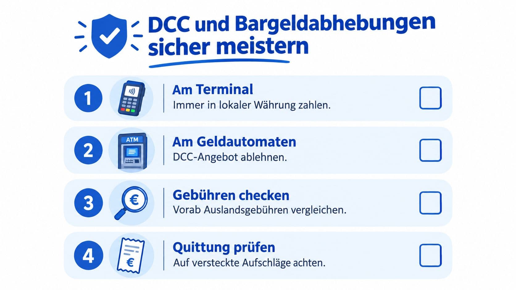 Infografik mit vier Tipps zum Umgang mit DCC und Bargeldabhebungen im Ausland