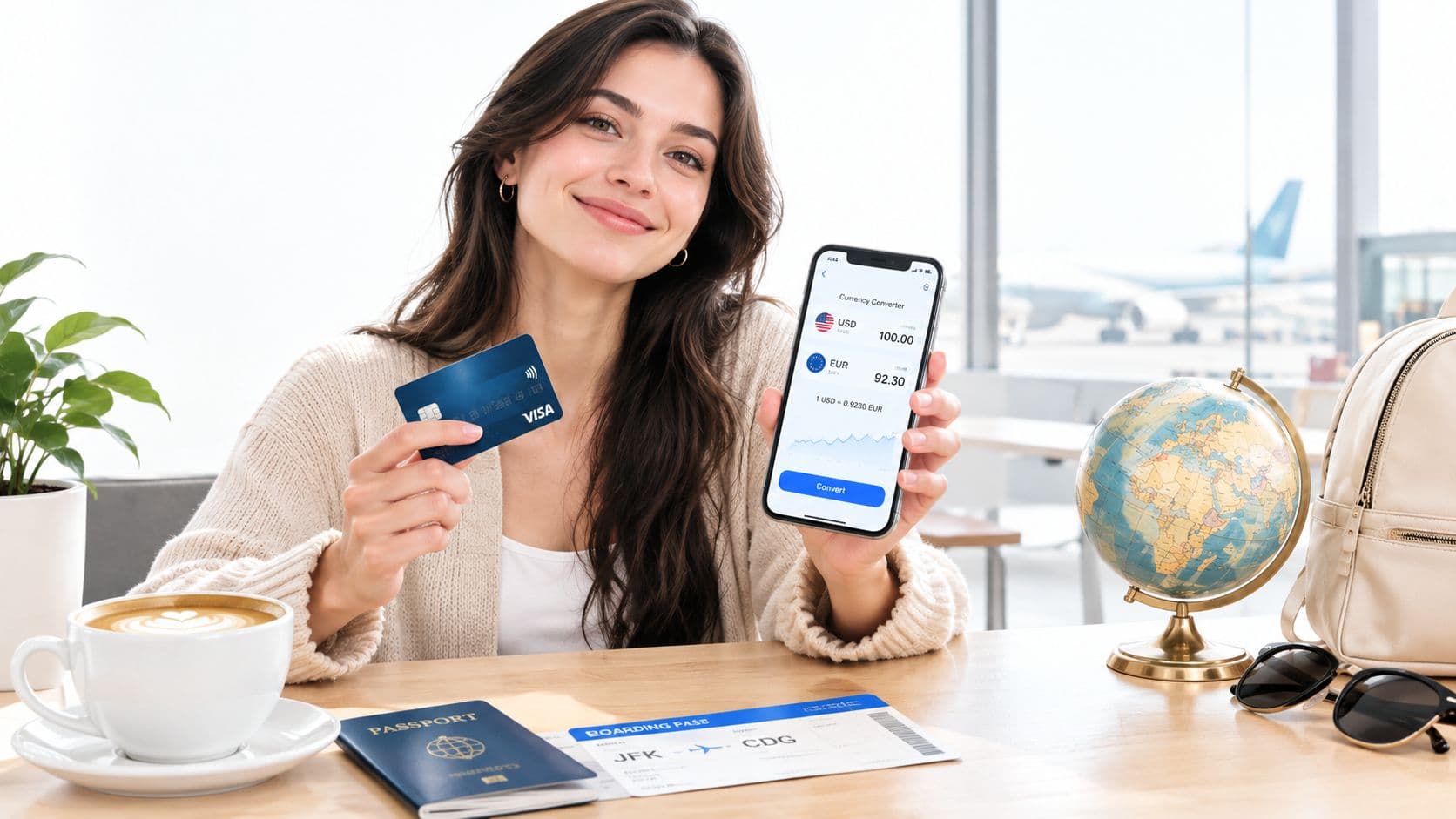 Reisende am Flughafen mit Kreditkarte und Währungsrechner auf dem Smartphone