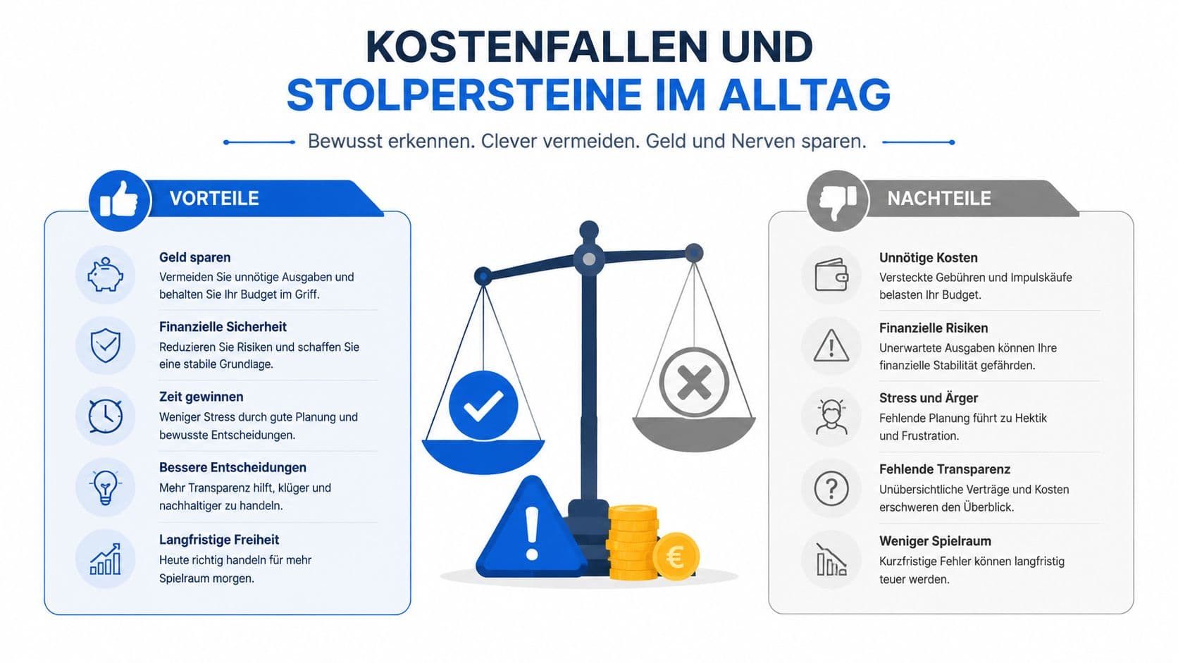 Infografik mit einer Waage, die Vor- und Nachteile von Finanzentscheidungen gegenüberstellt