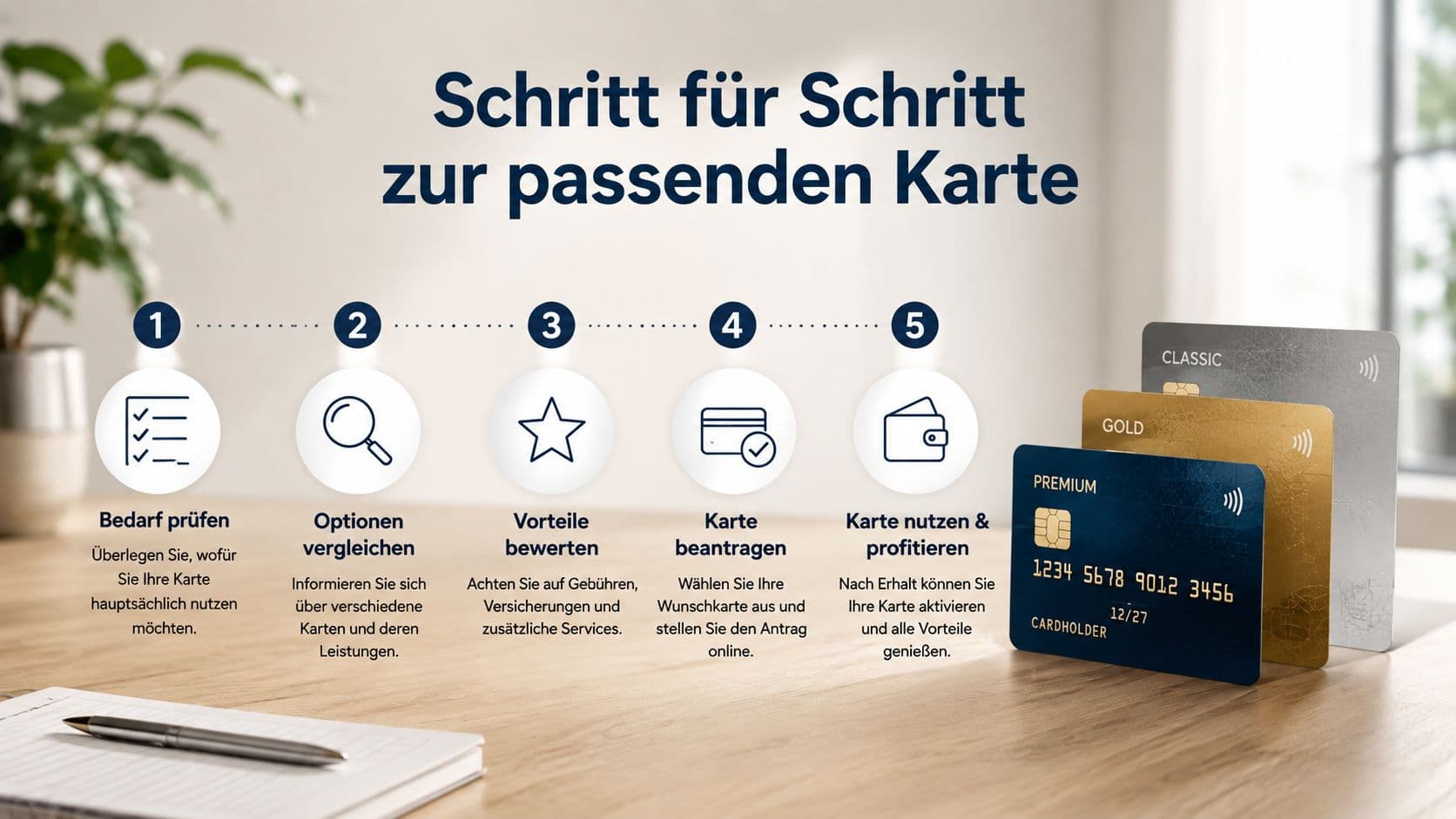 Grafik mit einer Schritt-für-Schritt-Anleitung zur Auswahl und Beantragung einer Kreditkarte