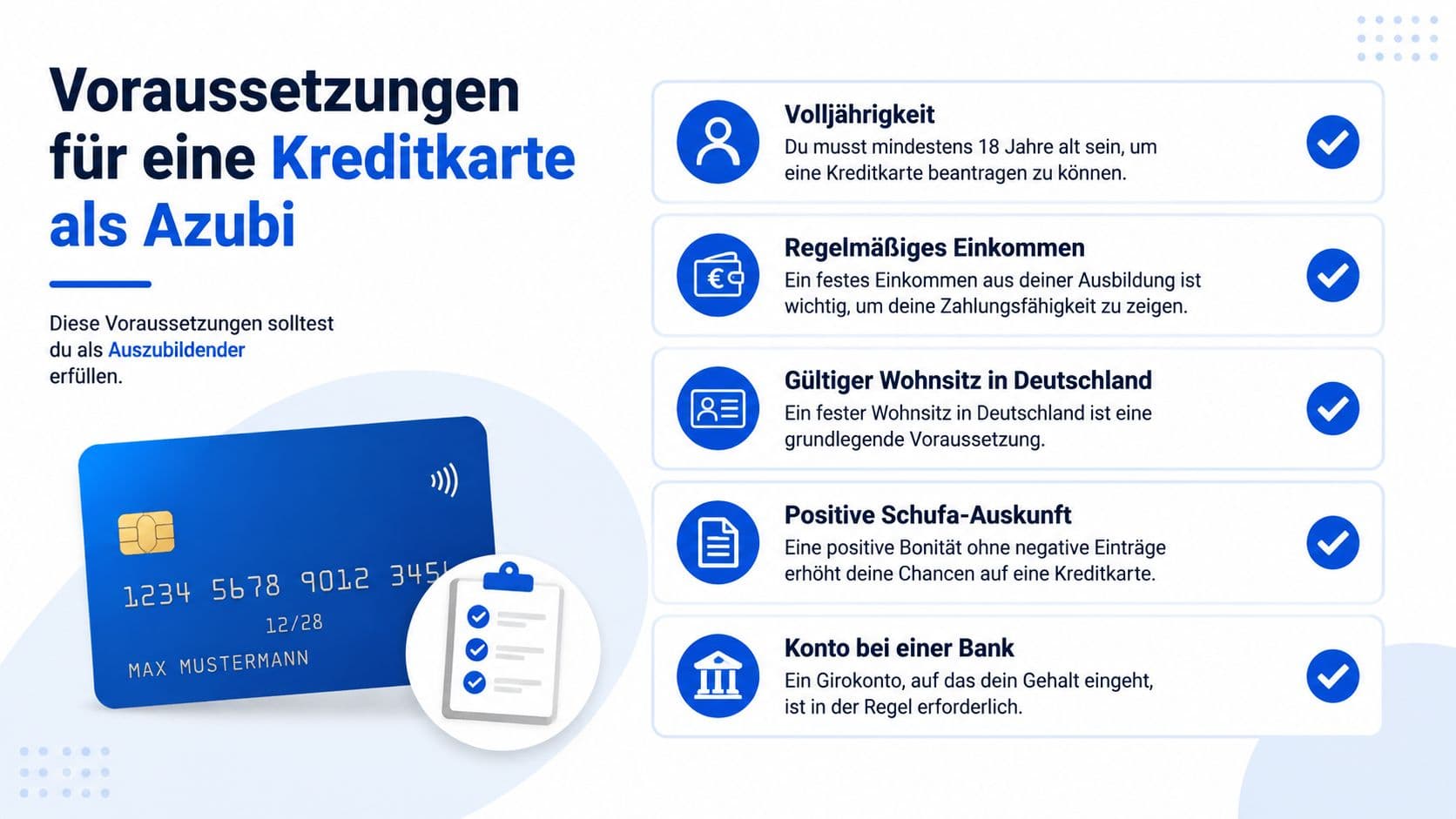 Infografik mit den wichtigsten Voraussetzungen für eine Kreditkarte für Auszubildende