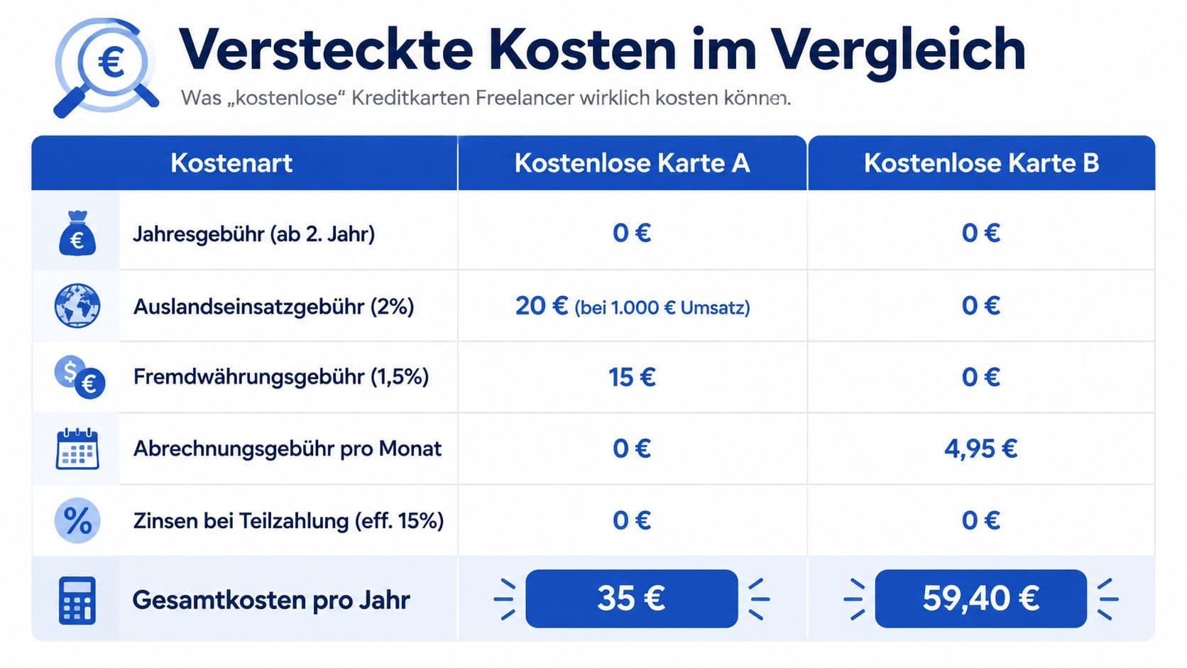 Vergleichstabelle zu versteckten Kosten bei kostenlosen Kreditkarten für Selbstständige