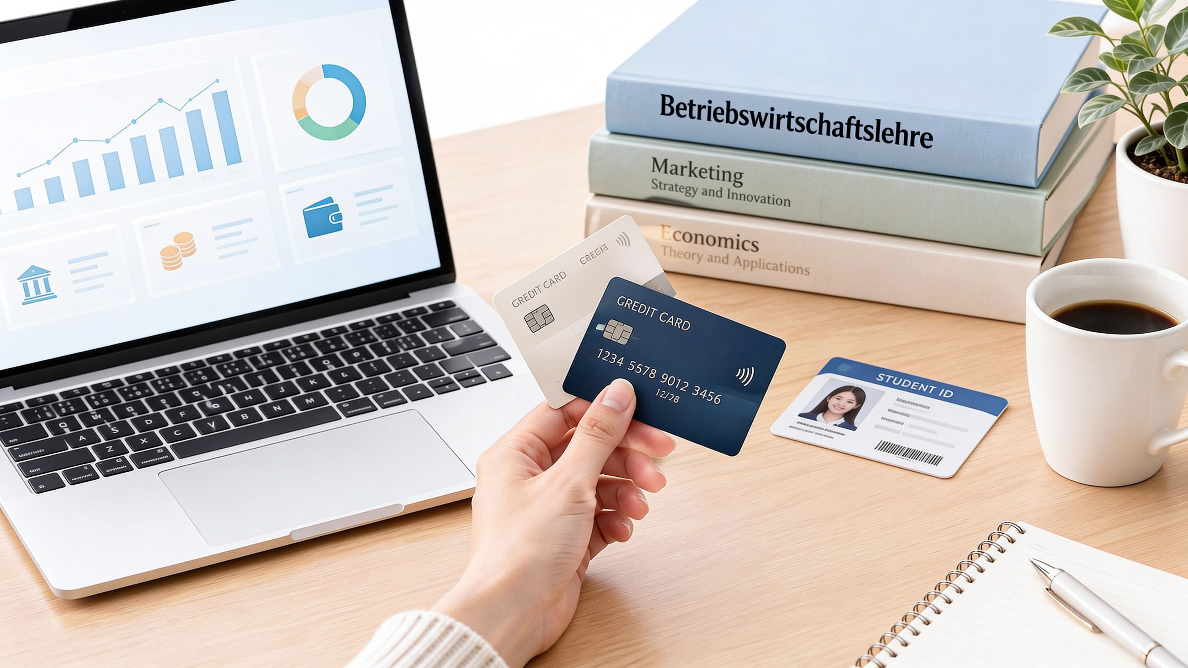 Studentin am Schreibtisch mit Laptop, Kreditkarte und Studienunterlagen