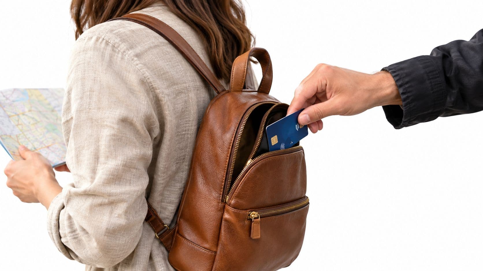 Hand greift unbemerkt eine Kreditkarte aus einem offenen Rucksack
