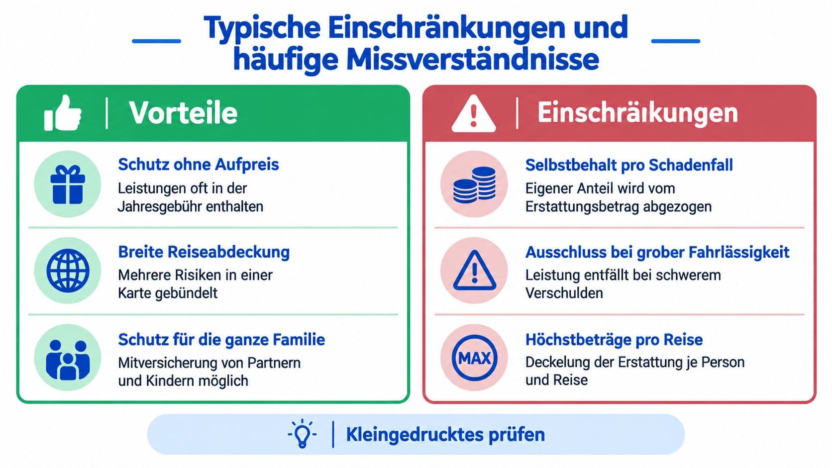 Übersicht der Vorteile und typischen Einschränkungen von Reiseversicherungen in Kreditkarten