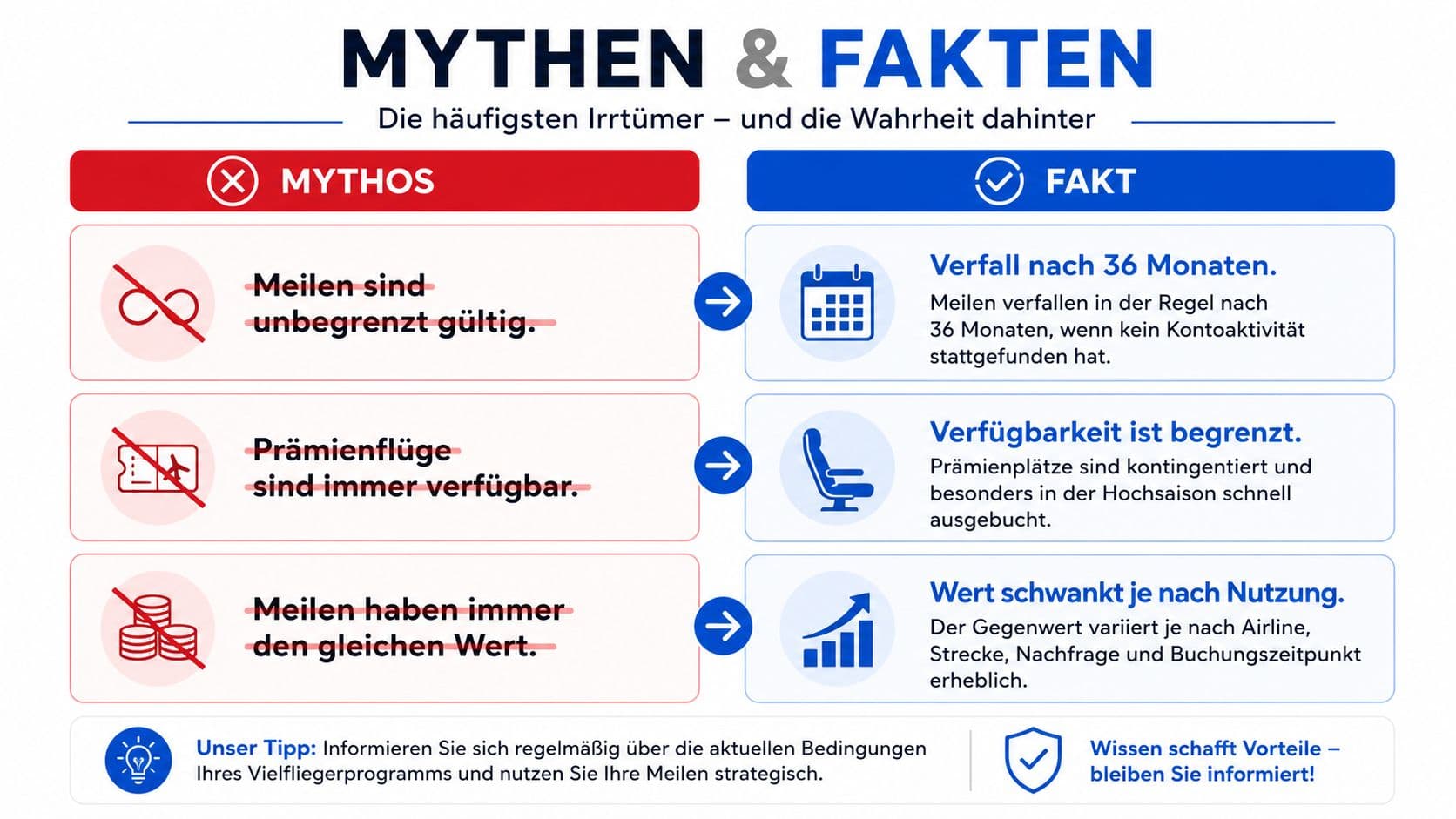 Infografik über drei häufige Mythen und Fakten zum Sammeln von Flugmeilen