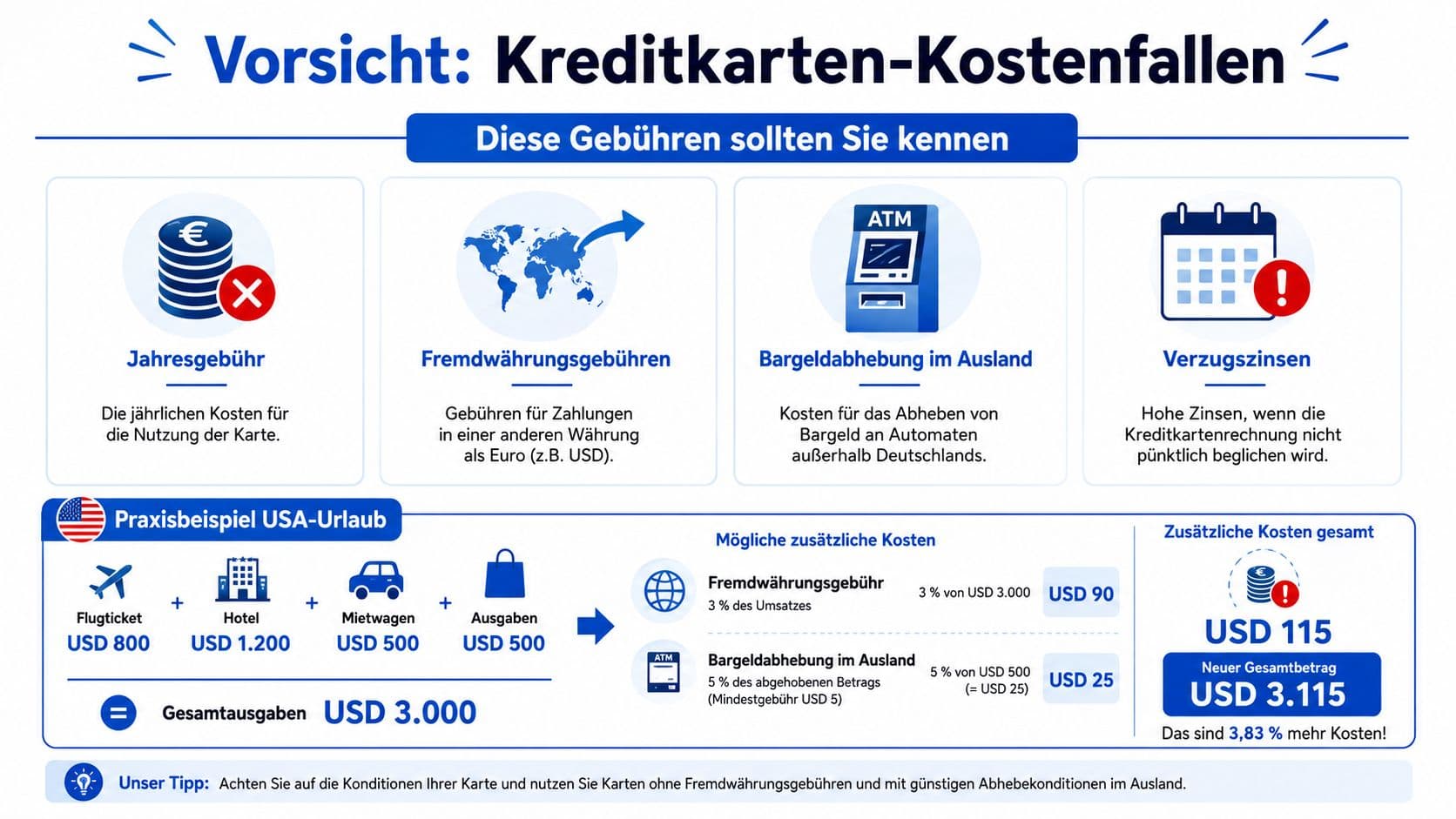 Infografik zu versteckten Kreditkartengebühren und ihren Auswirkungen auf Reisekosten