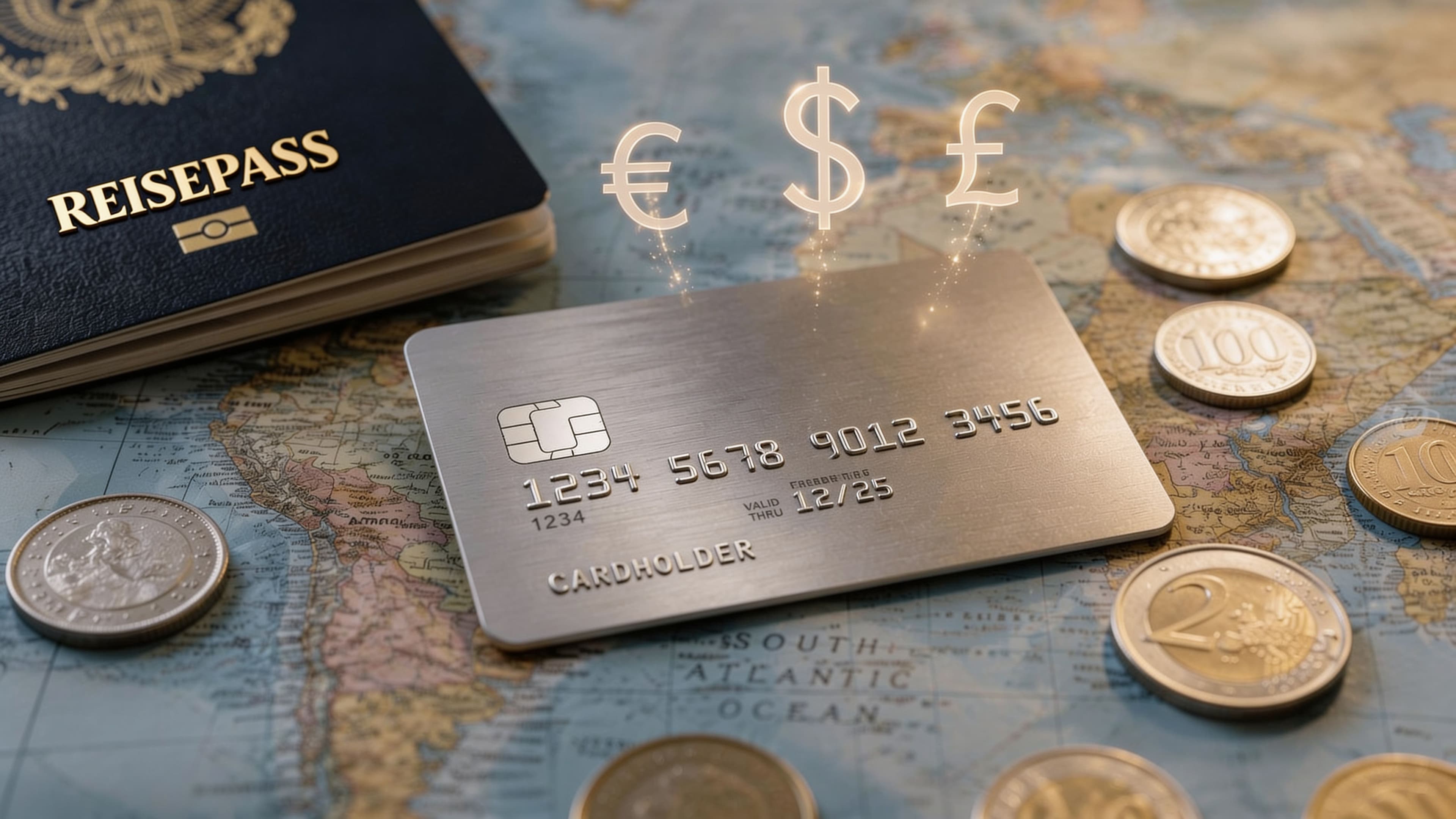 Kreditkarte neben Banknoten verschiedener Währungen