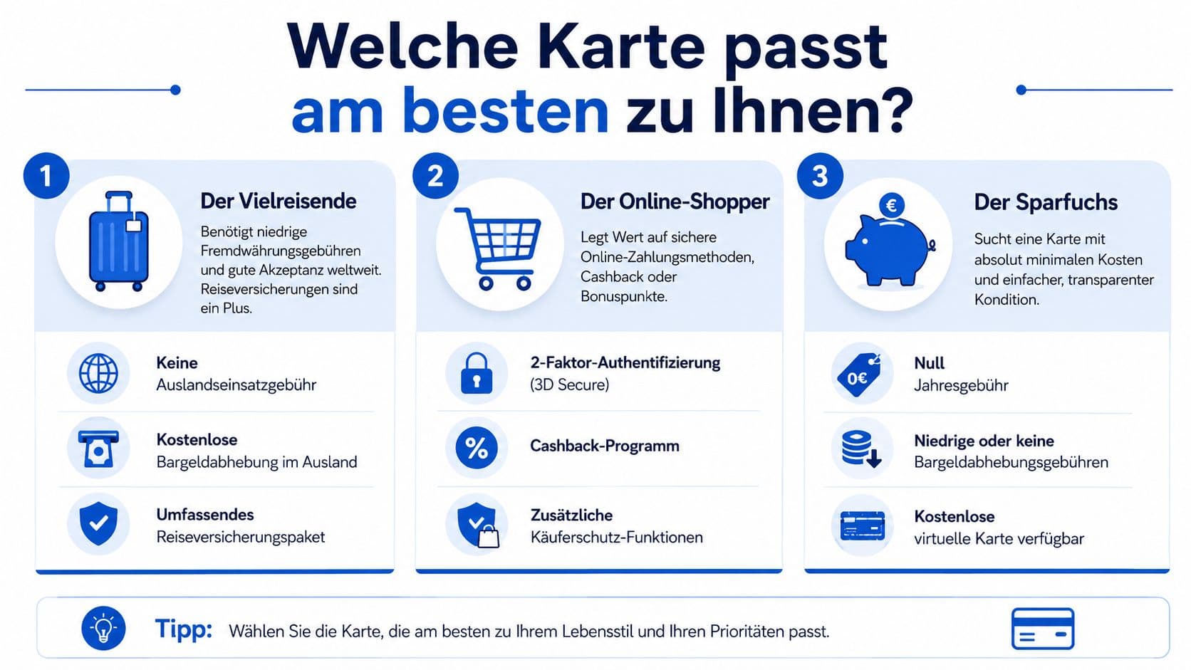 Vergleichsgrafik zur Wahl der passenden Kreditkarte nach Lebensstil