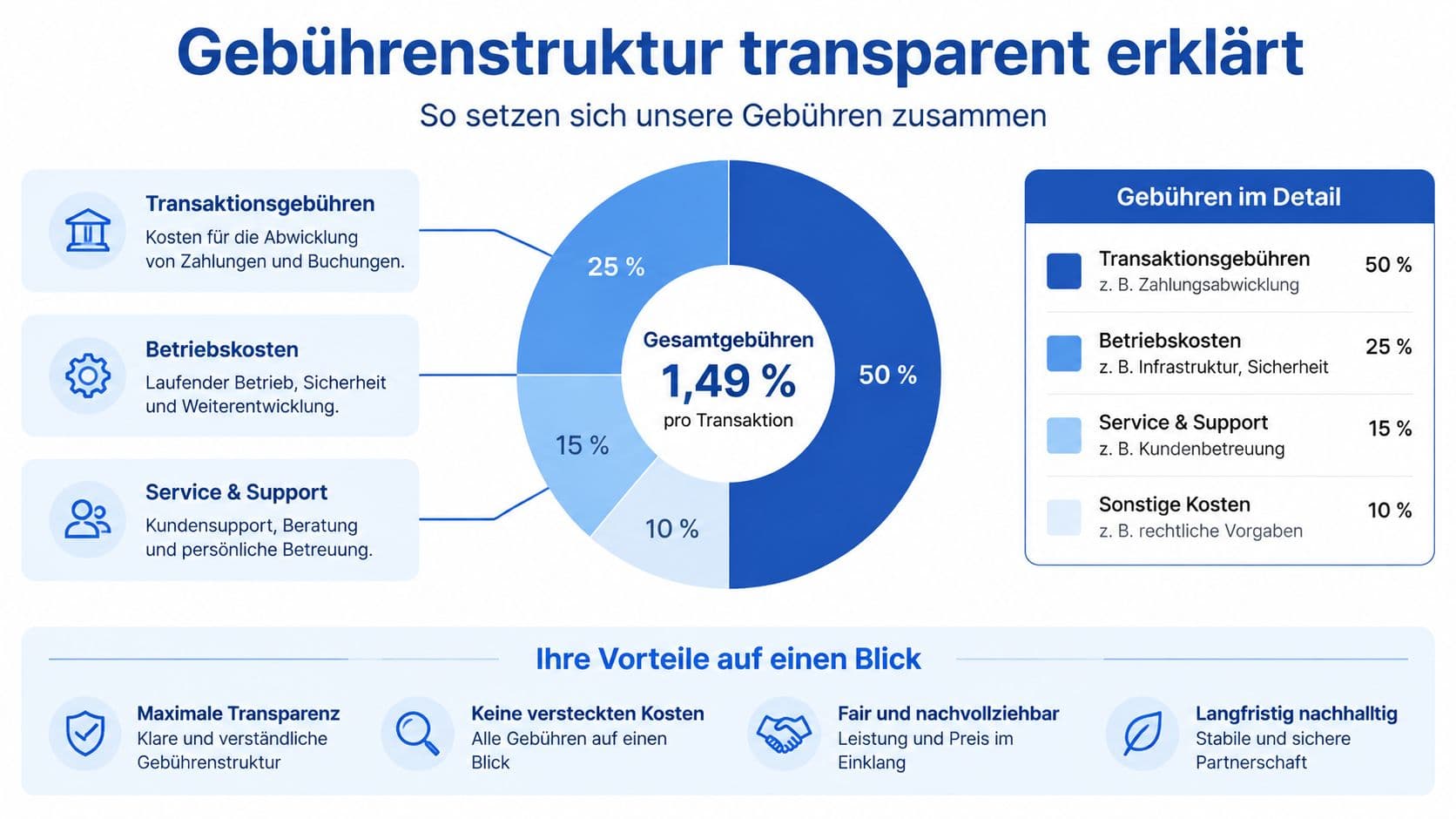 Infografik zur Gebührenstruktur einer Prepaid-Karte mit prozentualer Aufteilung der Kosten