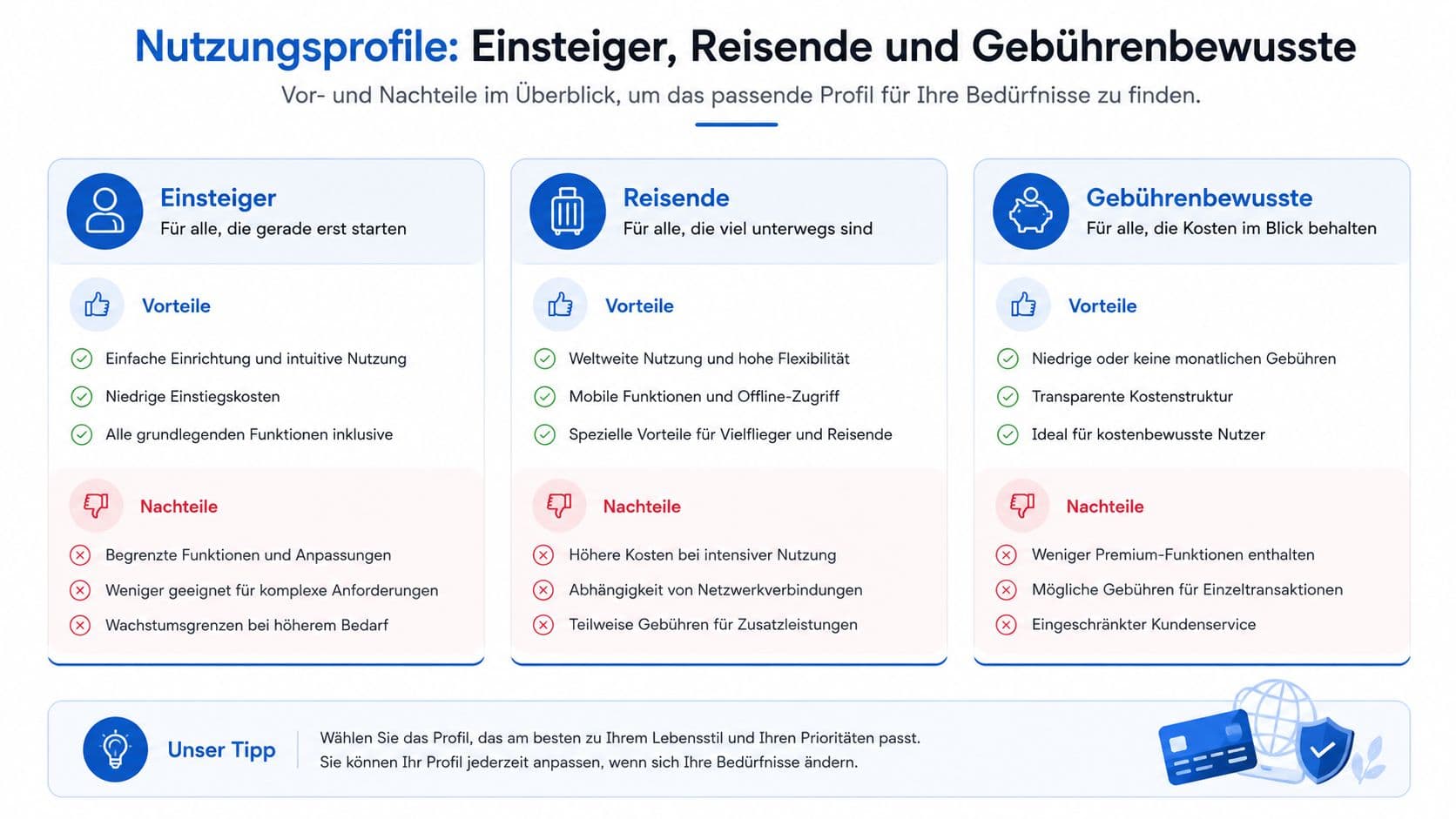 Übersicht der Nutzungsprofile Einsteiger, Reisende und Gebührenbewusste
