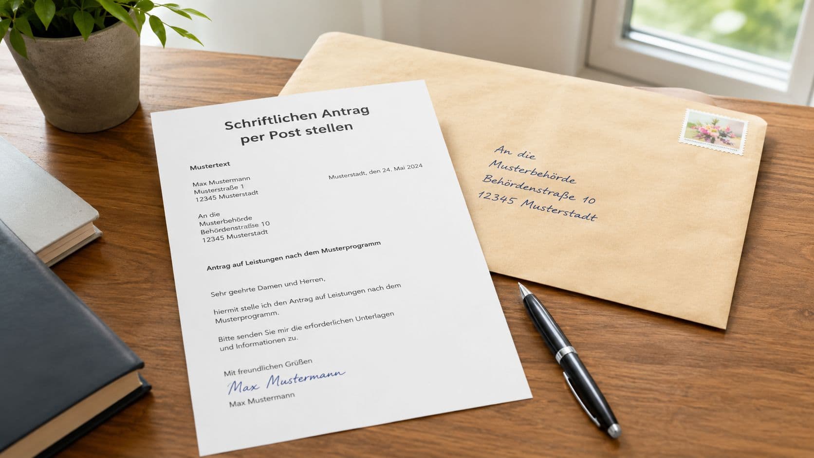 Schreiben und adressierter Briefumschlag für einen Auskunftsantrag per Post