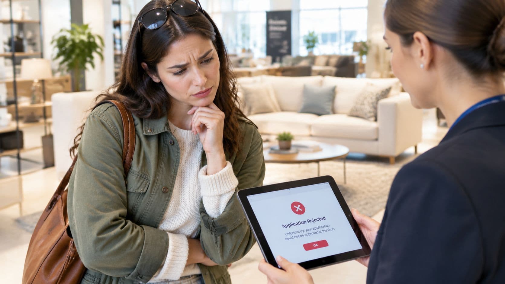 Person schaut im Geschäft auf ein Tablet mit einer Kreditablehnung