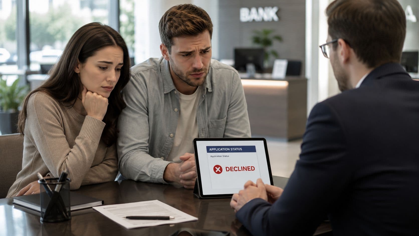 Paar im Bankgespräch blickt auf ein Tablet mit einer Kreditablehnung