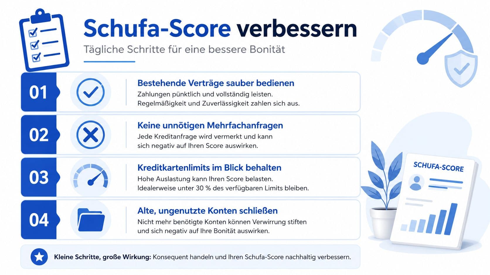 Infografik mit vier Tipps zur Verbesserung des Schufa-Scores