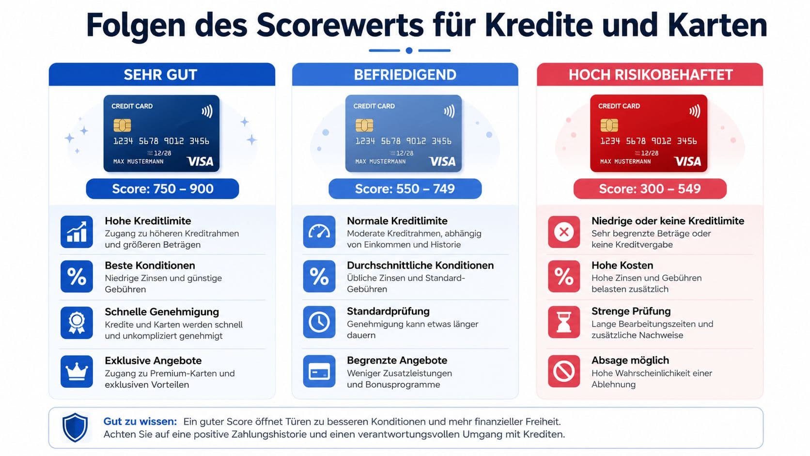 Infografik zu den Auswirkungen unterschiedlicher Bonitätswerte auf Kredite und Karten