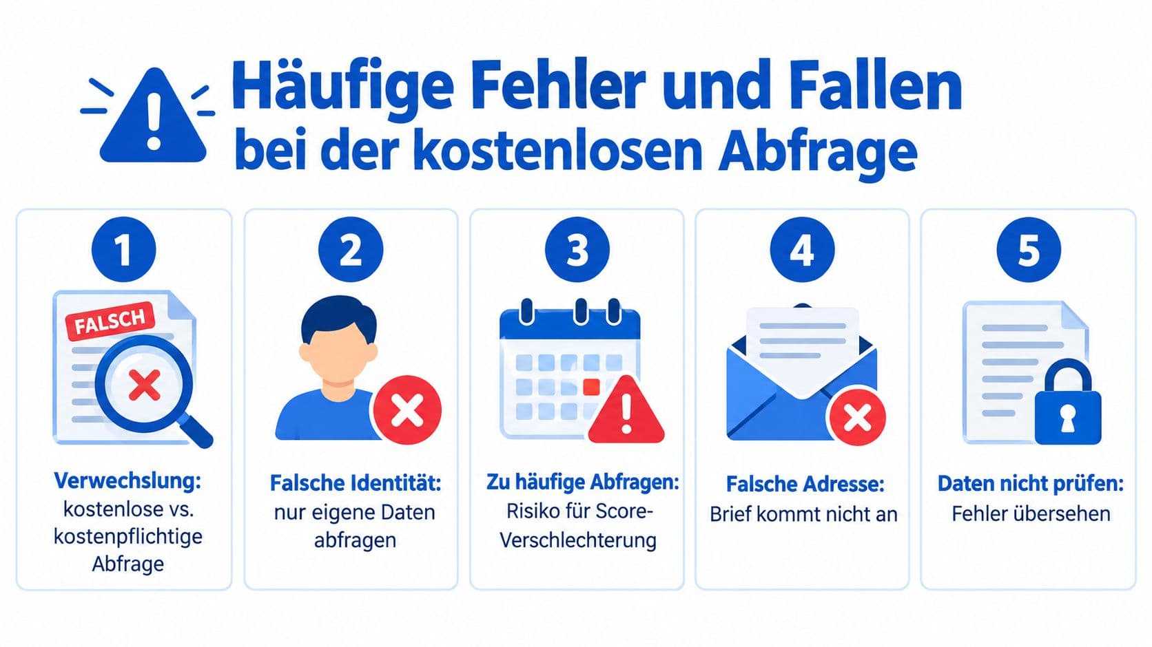Infografik mit fünf häufigen Fehlern bei der kostenlosen Schufa-Auskunft