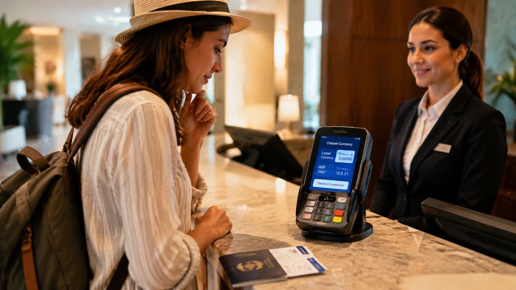 Person wählt an der Hotelrezeption die Abrechnungswährung am Kartenterminal