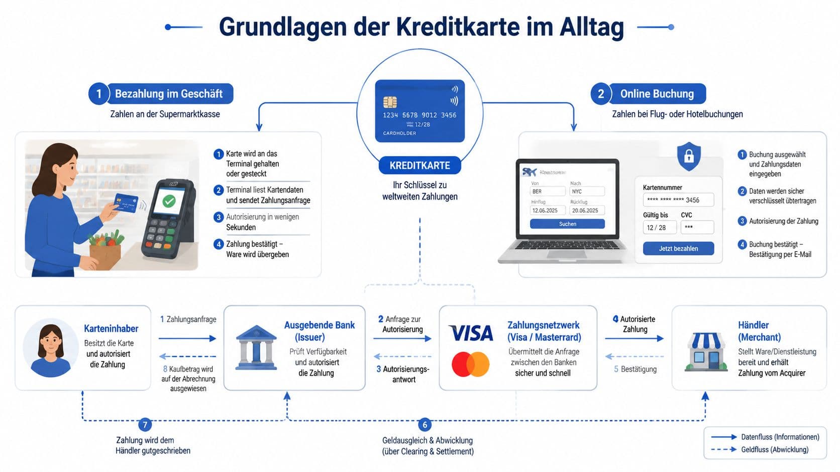 Infografik zur Funktionsweise einer Kreditkarte bei Zahlungen im Geschäft und online