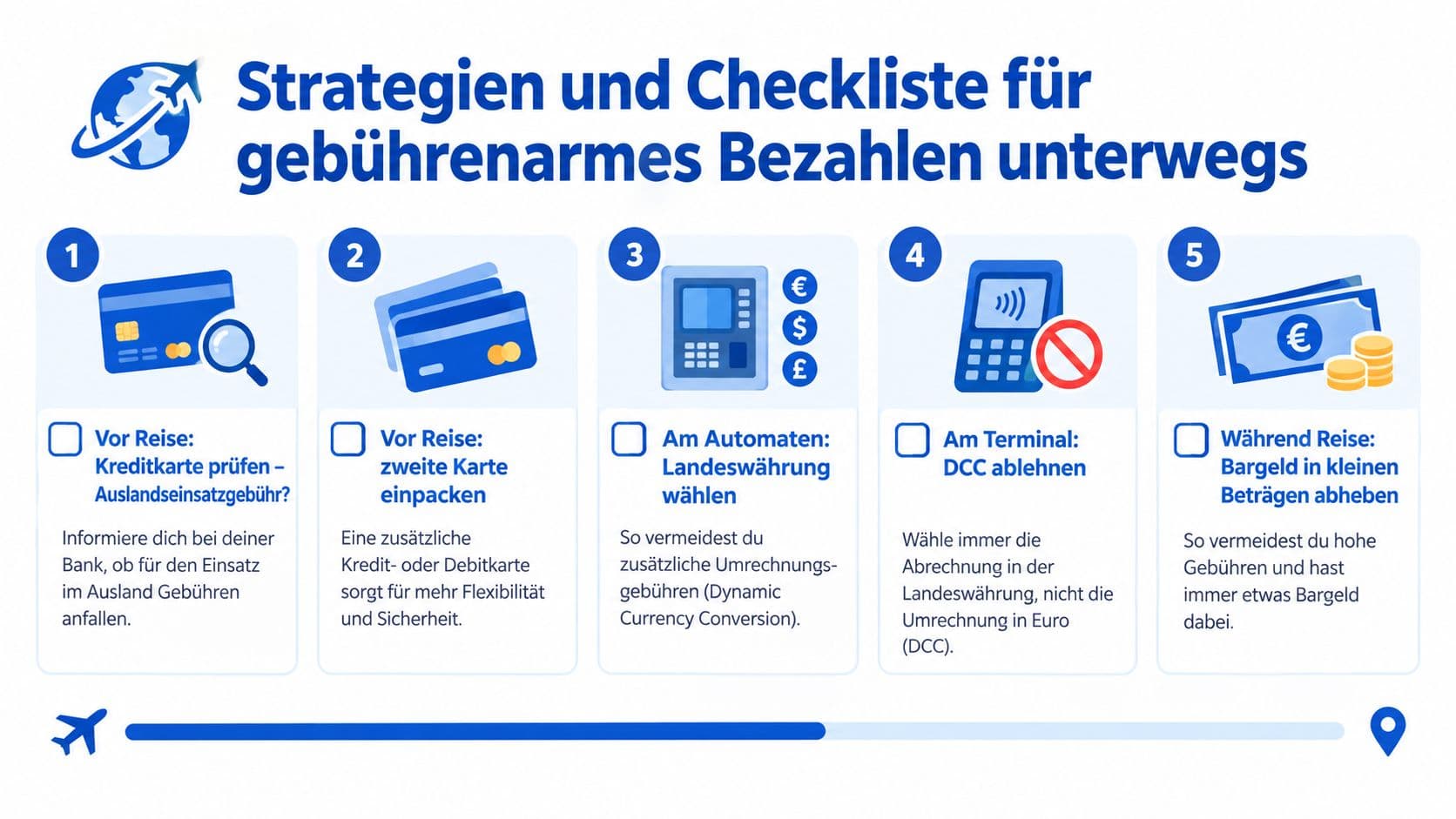 Infografik mit fünf Tipps zur Vermeidung von Gebühren beim Bezahlen und Abheben im Ausland