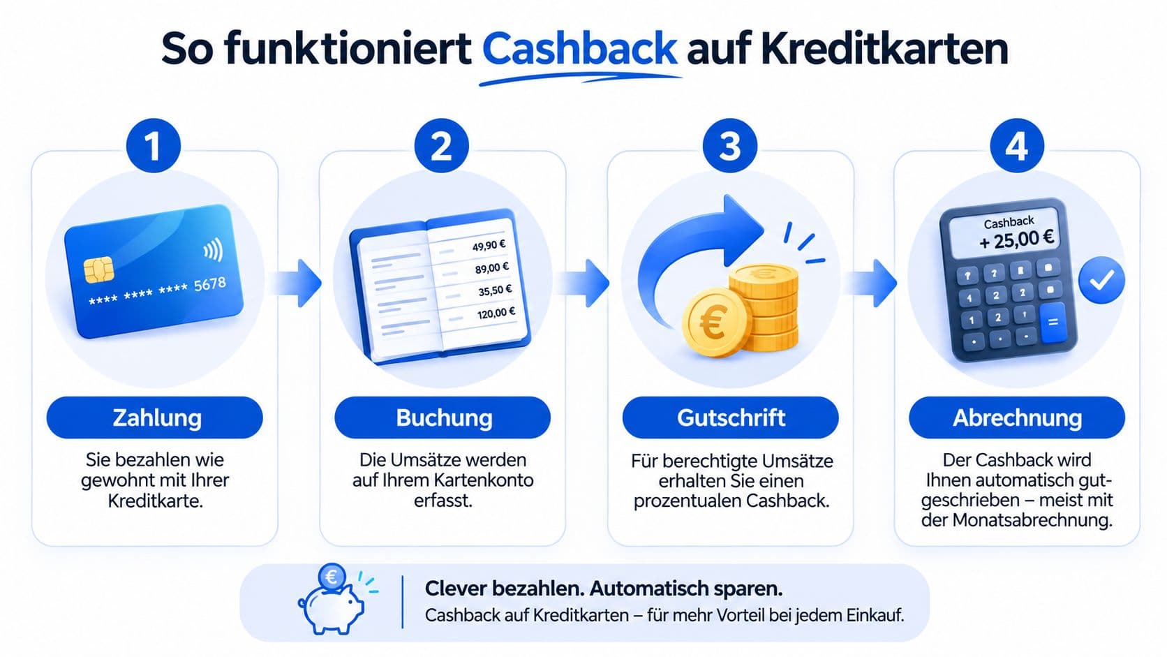 Infografik in vier Schritten zum Cashback-System bei Kreditkarten vom Bezahlen bis zur Gutschrift